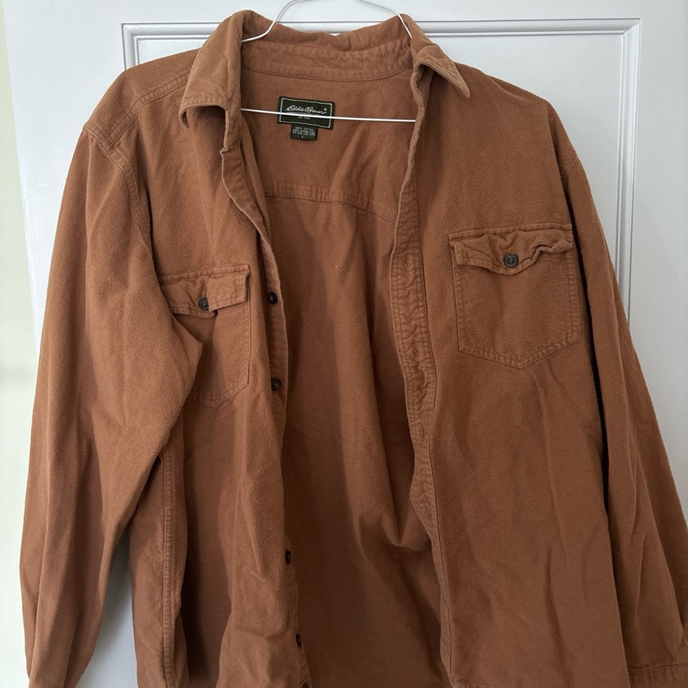 Vintage Eddie Bauer Dark Tan Light Brown Chamois Flannel Over Shirt Size L Large